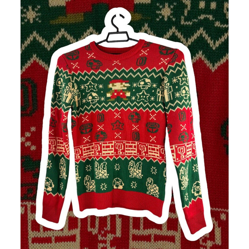 Super Mario Bros. Ugly Christmas Sweater Nintendo Red Green Men's Size Small - Picture 1 of 8